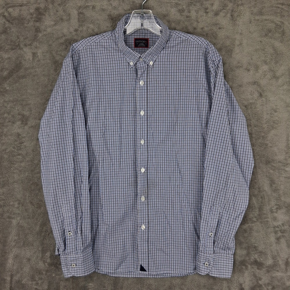 UNTUCKit Mens Large Button Down Shirt Blue White Gingham Cotton Long Sleeve